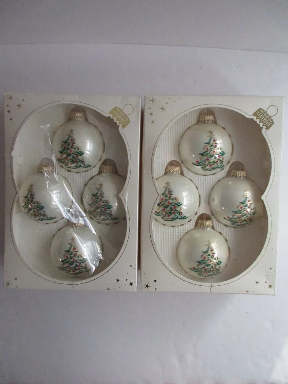 Krebs Christmas Ornament 2 Boxes of 4 Glass Balls White w/ Christmas Tree Vtg